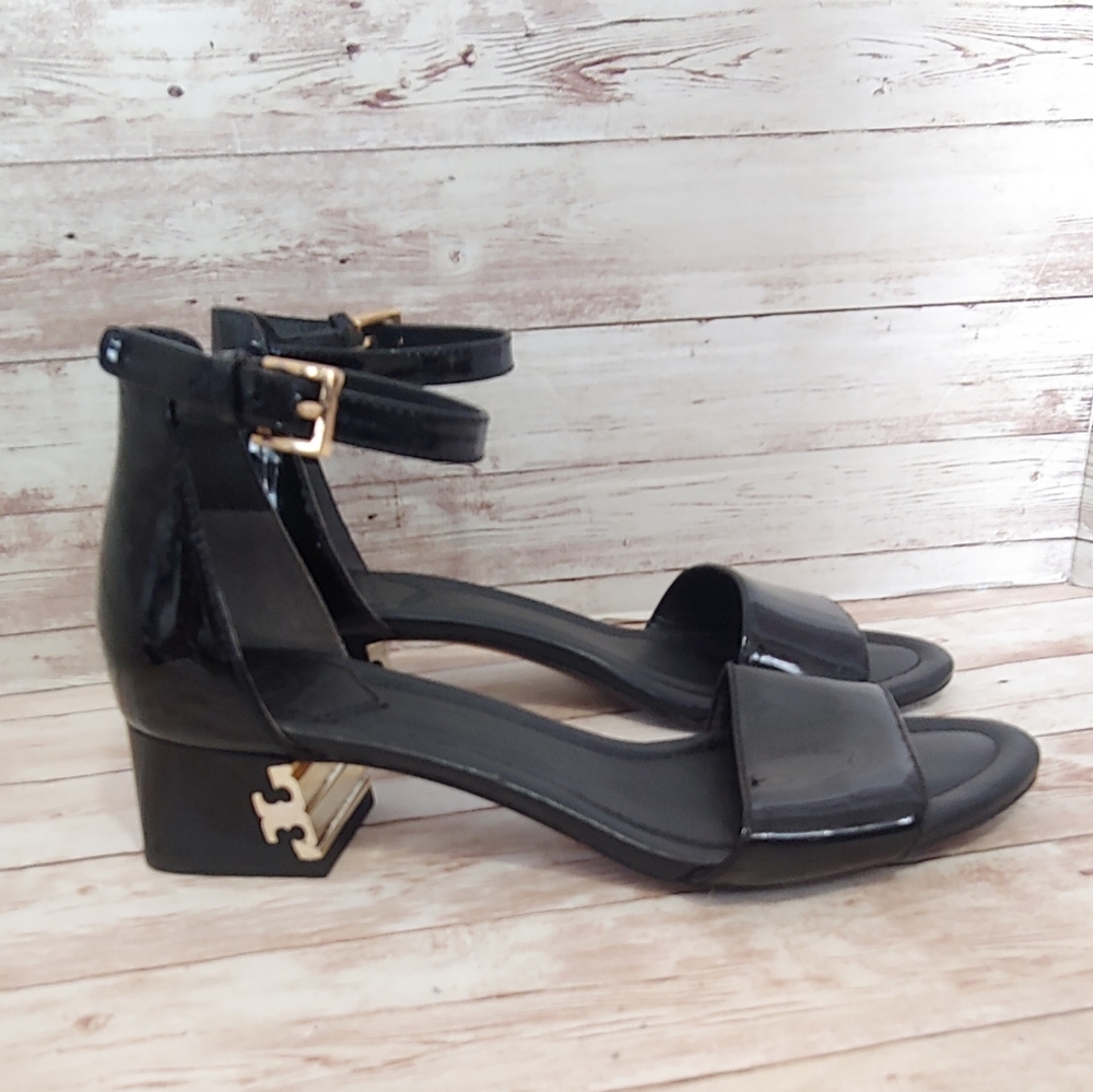 Tory Burch Finley black patent  block heel sandals